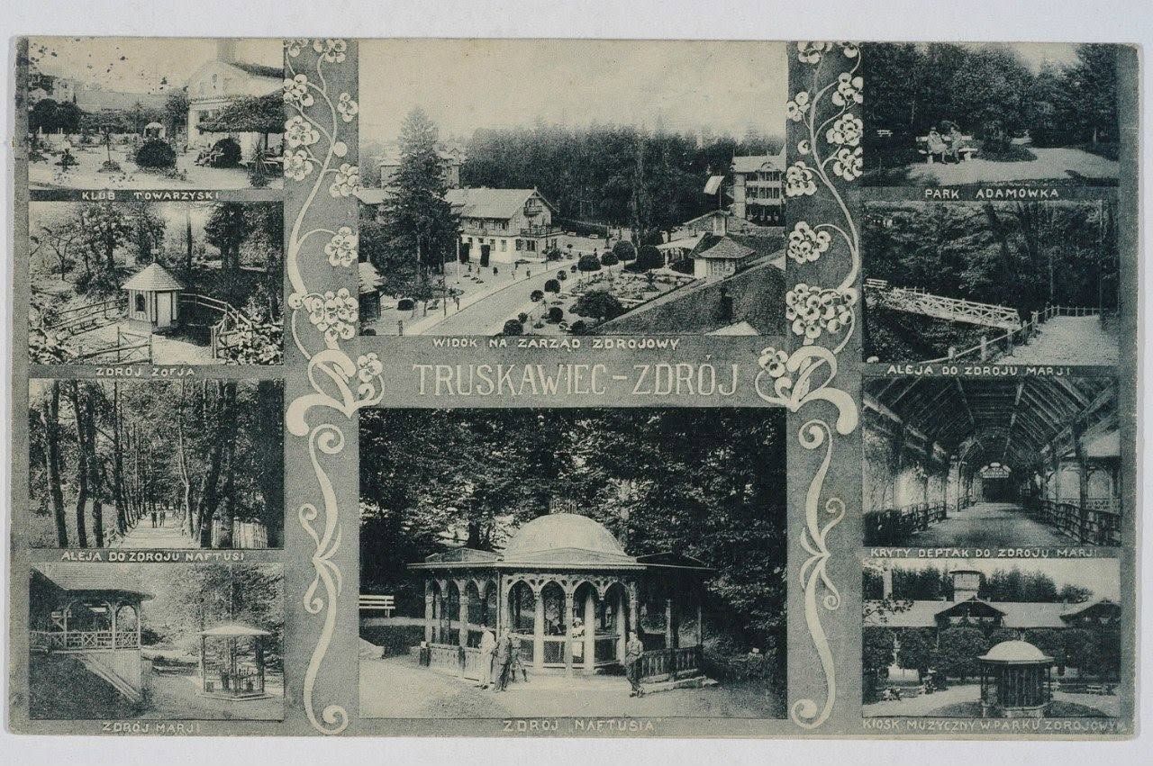 Багатовидова листівка «TRUSKAWIEC-ZDRÓJ» із вісьмома краєвидами курорту довкола центрального напису, сецесійна рамка, 1910–1920-ті